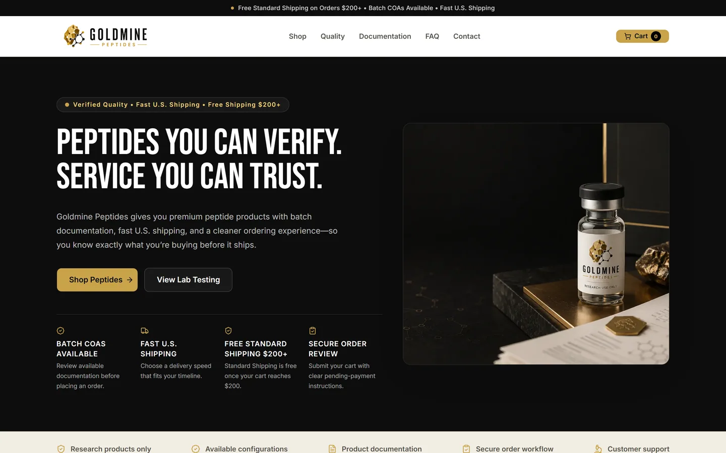 Goldmine Peptides — a live peptide storefront we built