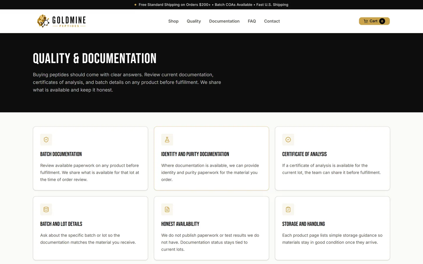 Goldmine Peptides quality and documentation page