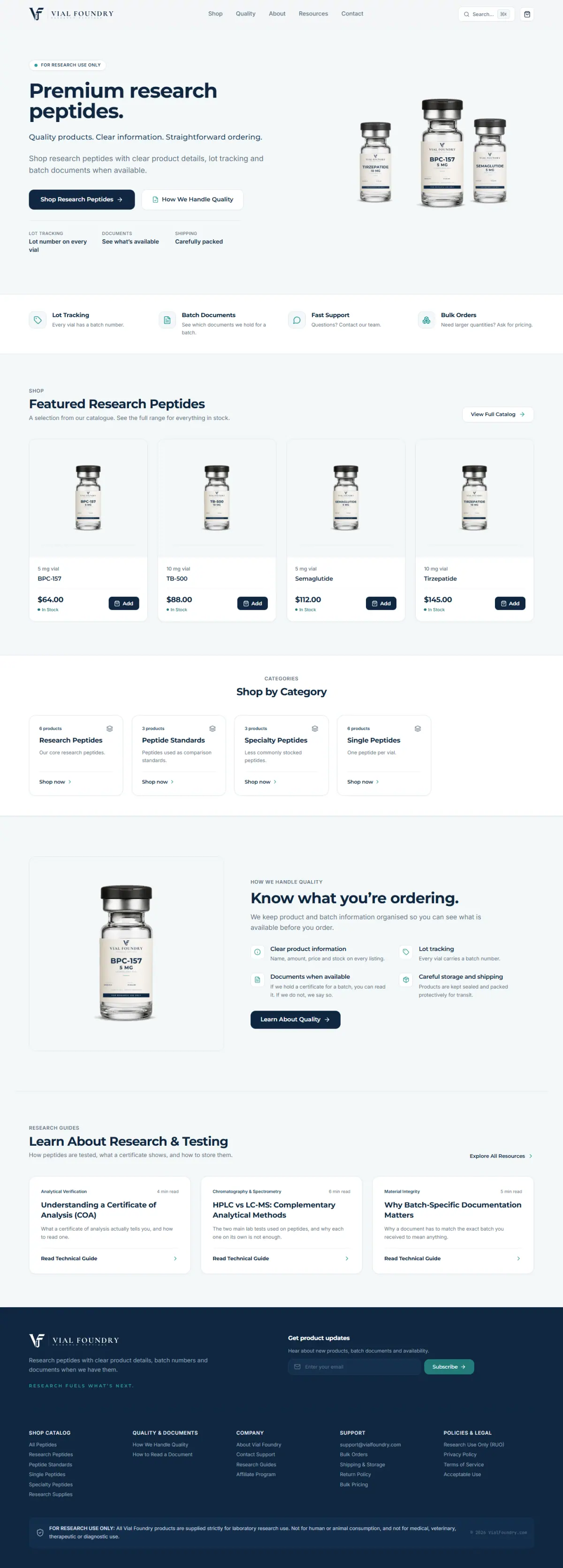 Vial Foundry — a live premium research peptide storefront