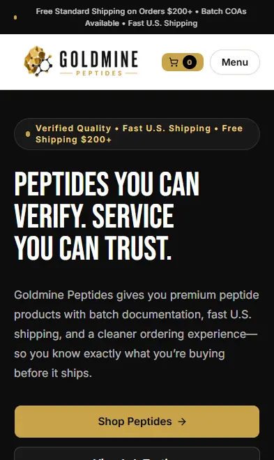 Goldmine Peptides mobile homepage