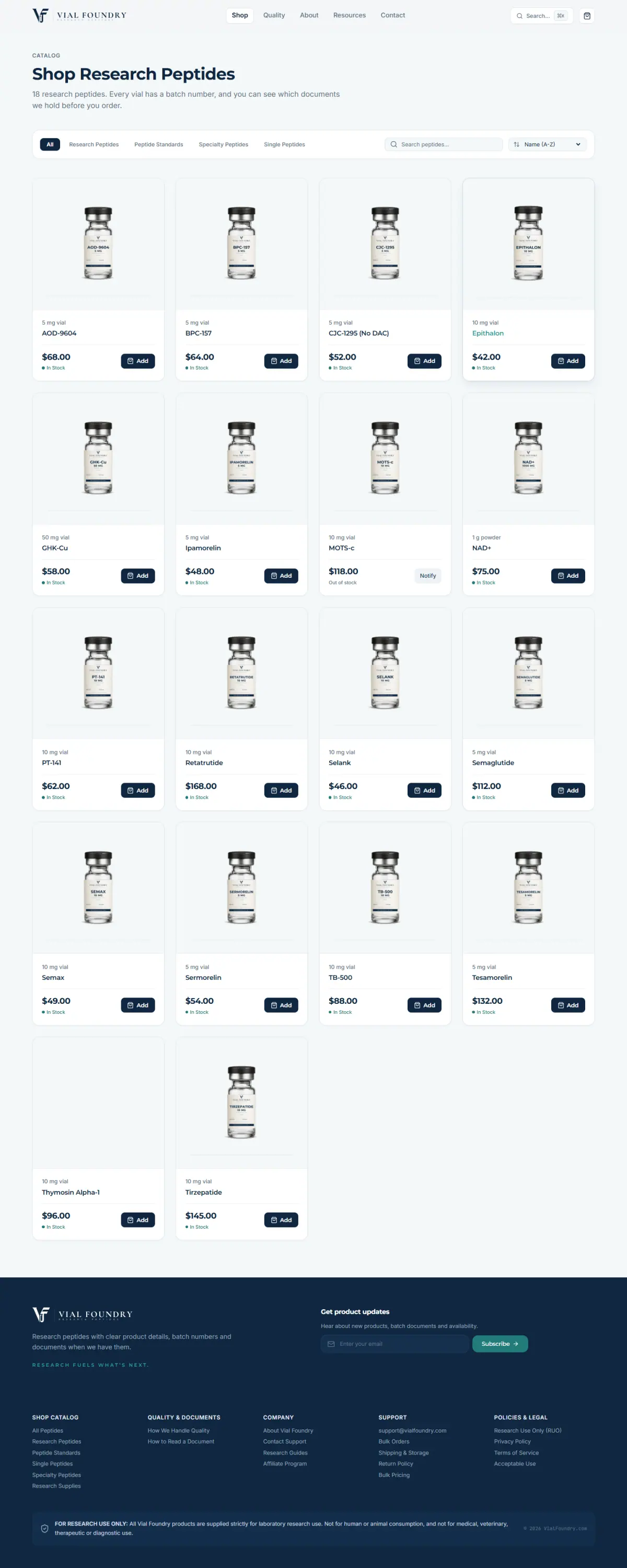 Vial Foundry 18-product research catalog